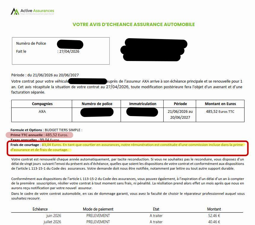 Avis d'échéance auto d'Active Assurance. Lire la partie surlignée en jaune et encadrée en rouge.