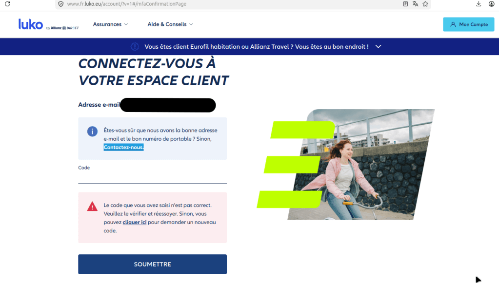 Page de connexion Luko by Allianz Direct. Impossibilité de se connecter et hyperlien "contactez-nous" non fonctionnel.